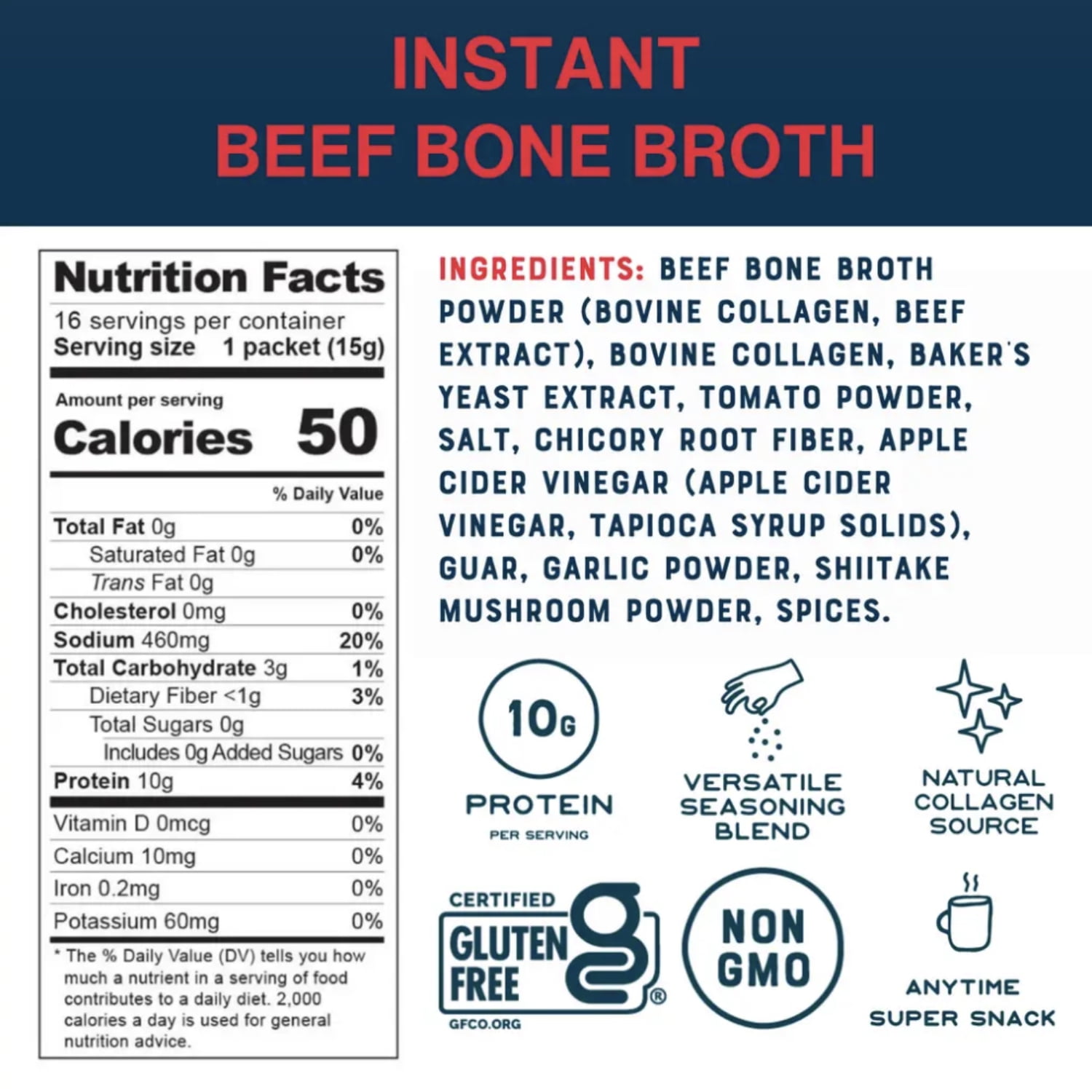 Bare Bones Instant Beef Bone Broth Sticks, 10G Protein, 4.23 oz, 8 Count