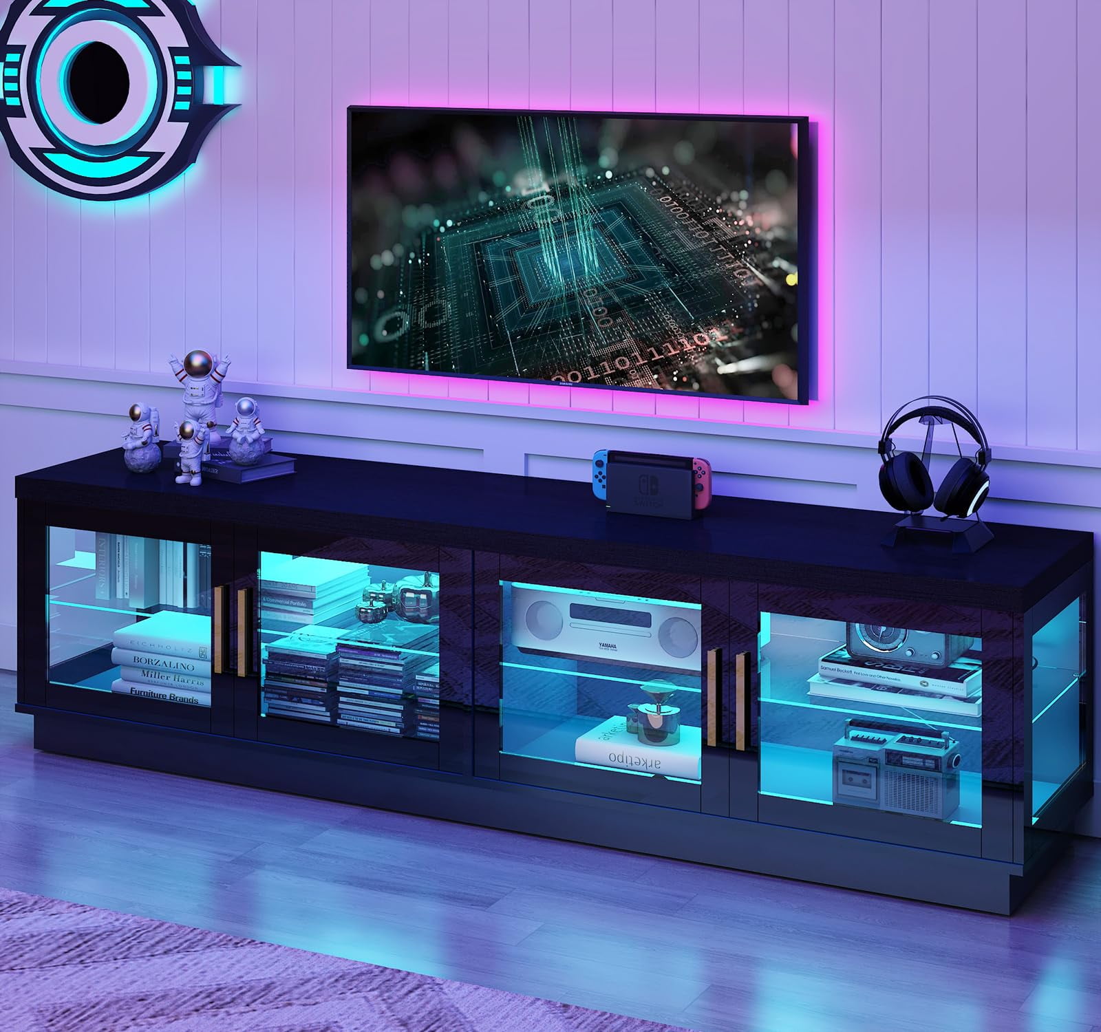 ChVans 71" LED TV Stand for 85/80/75inch TV, High Glossy Entertainment Center with Storage Cabinet & Glass Door, Modern TV Console Media Cabinet for Living Room, Bedroom (Black)