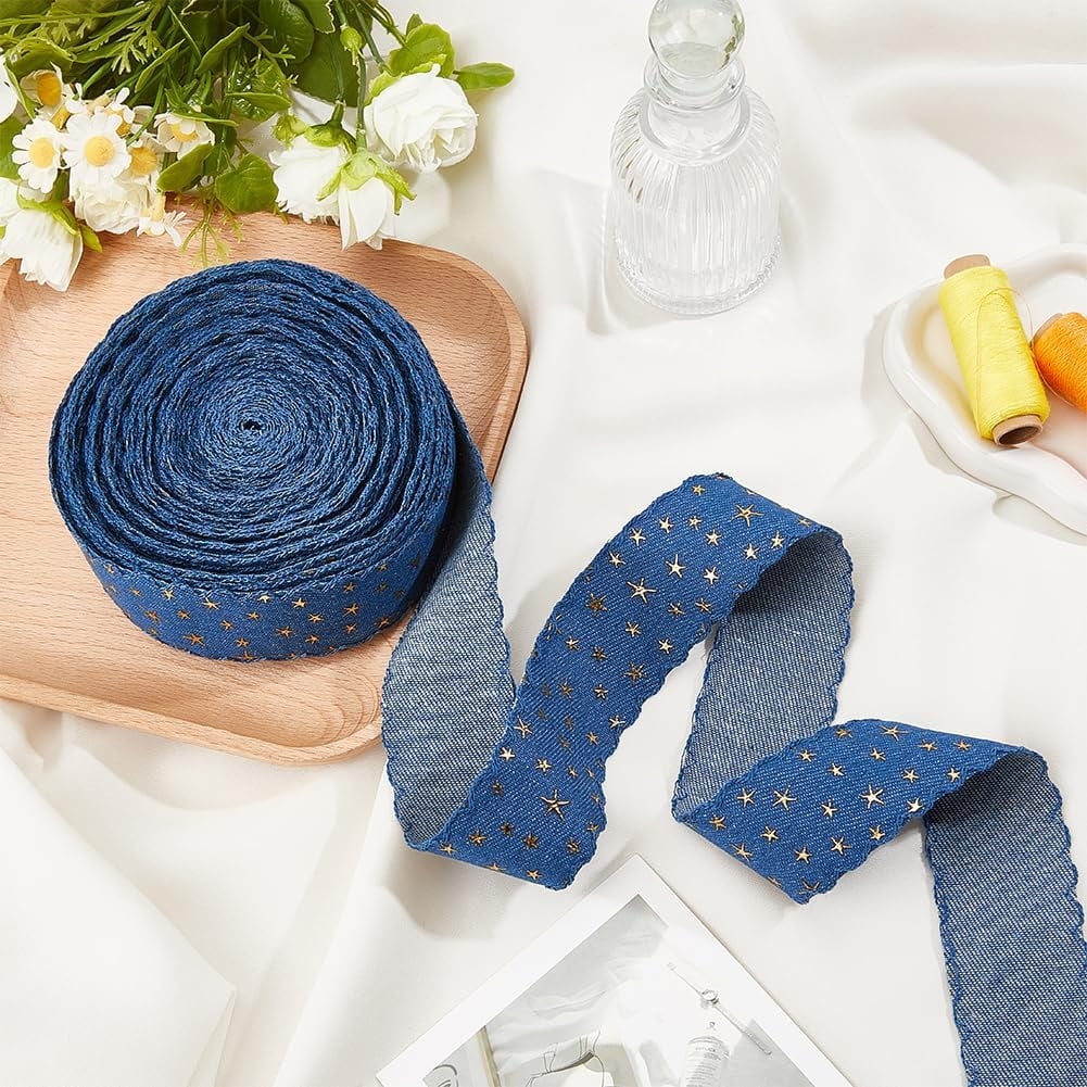 14 Yards Marine Blue Denim Trim Fabric Blue Jean Wired Edge Ribbon Gold Foil Star Denim Ribbon