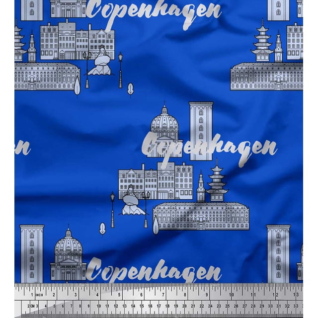 Soimoi Tissu Satin Lourd Bleu Imprimé Monuments Architecturaux, Largeur 54 Pouces