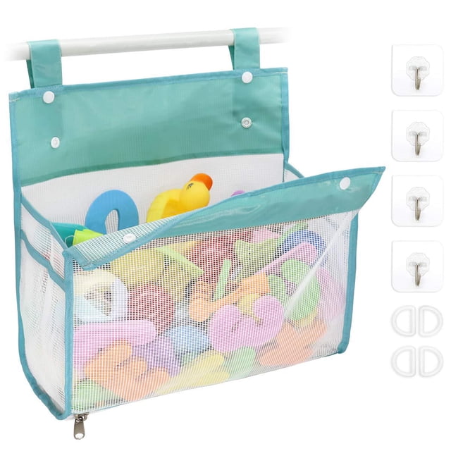 Organizador de juguetes de baño con múltiples formas de colgar, soporte para juguetes de baño con apertura extragrande, bolsa de almacenamiento de juguetes de bañera con cremallera en la parte infer