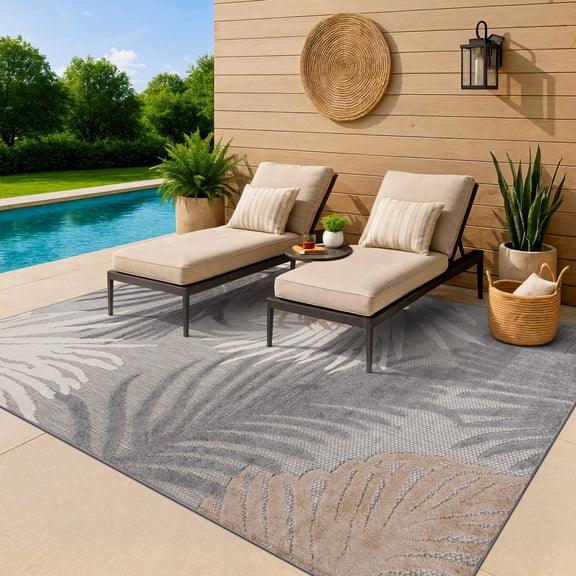 World Rug Gallery Tropical Floral Indoor/Outdoor Area Rug - Gray - 5' x 7'