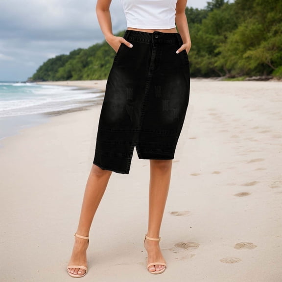 Denim Skirt Women Stretch Pencil Skirt High Waist Knee Length Bodycon Casual Party Wear Comfortable Skirt Spring Summer Black L