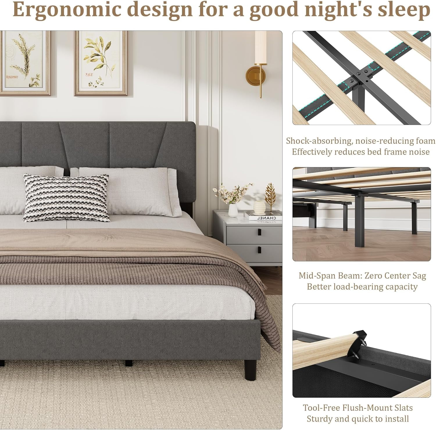 King Size Bed Frame with Adjustable Headboard, Linen Upholstered King Platform Bedframe with Strong Wooden Slats, Mattress Foundation, No Box Spring Needed, Easy Assembly
