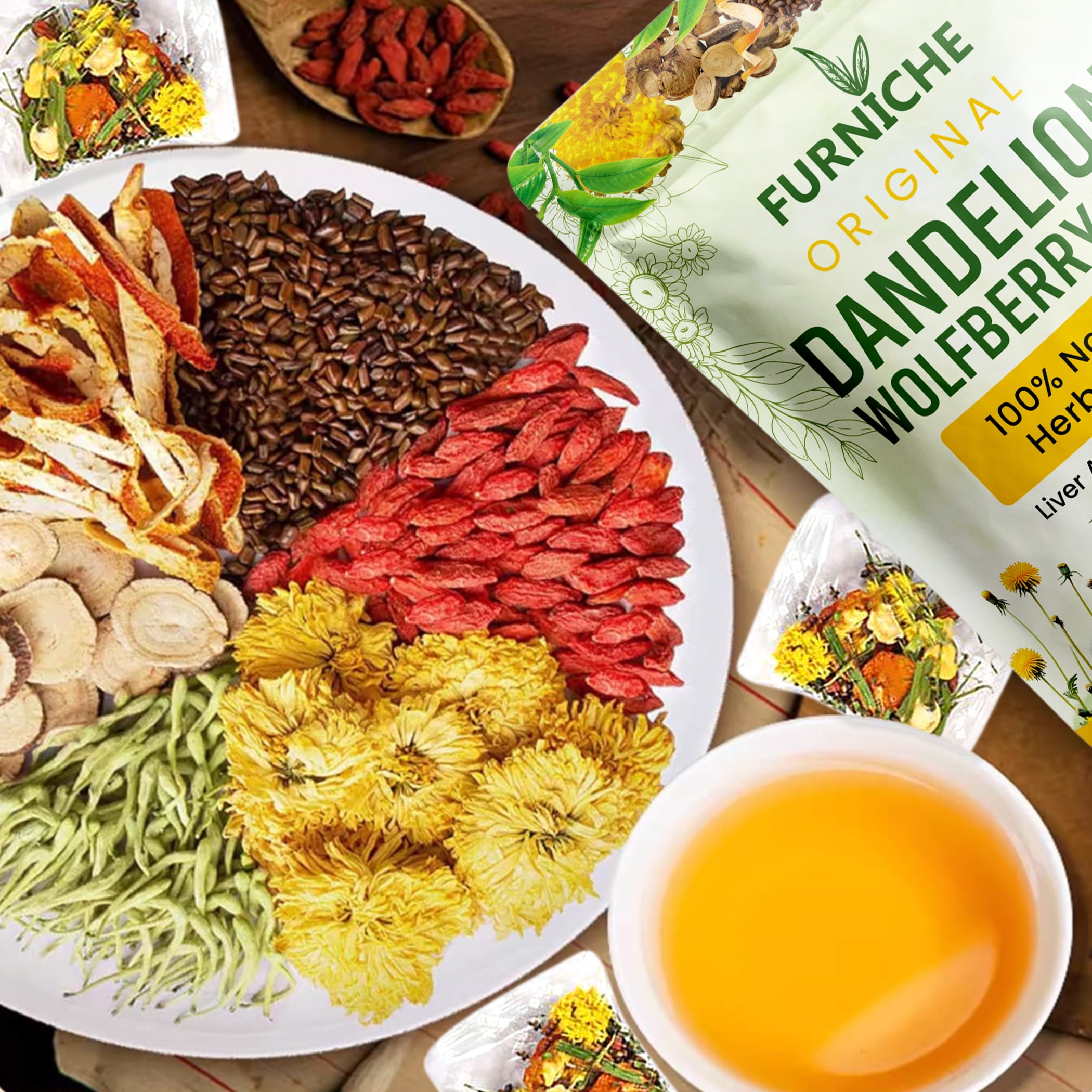 Dandelion Wolfberry Tea – 7 Natural Ingredients Herbal Tea Bags for Kidney and Liver Health, Dandelion Chinese Wolfberry Tea Bags Organic - 30 Servings