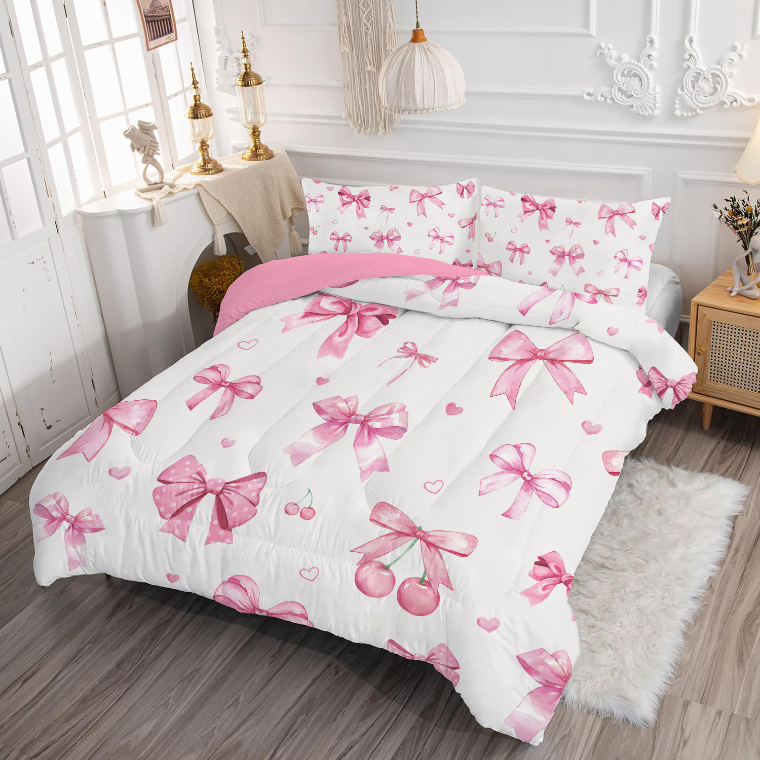 JJCOITR Twin-Size Pink Bedding Set with Cherry & Bowknot Pattern, Cheerful Design, Suitable for Boys, Girls & Teens (Including Quilt)