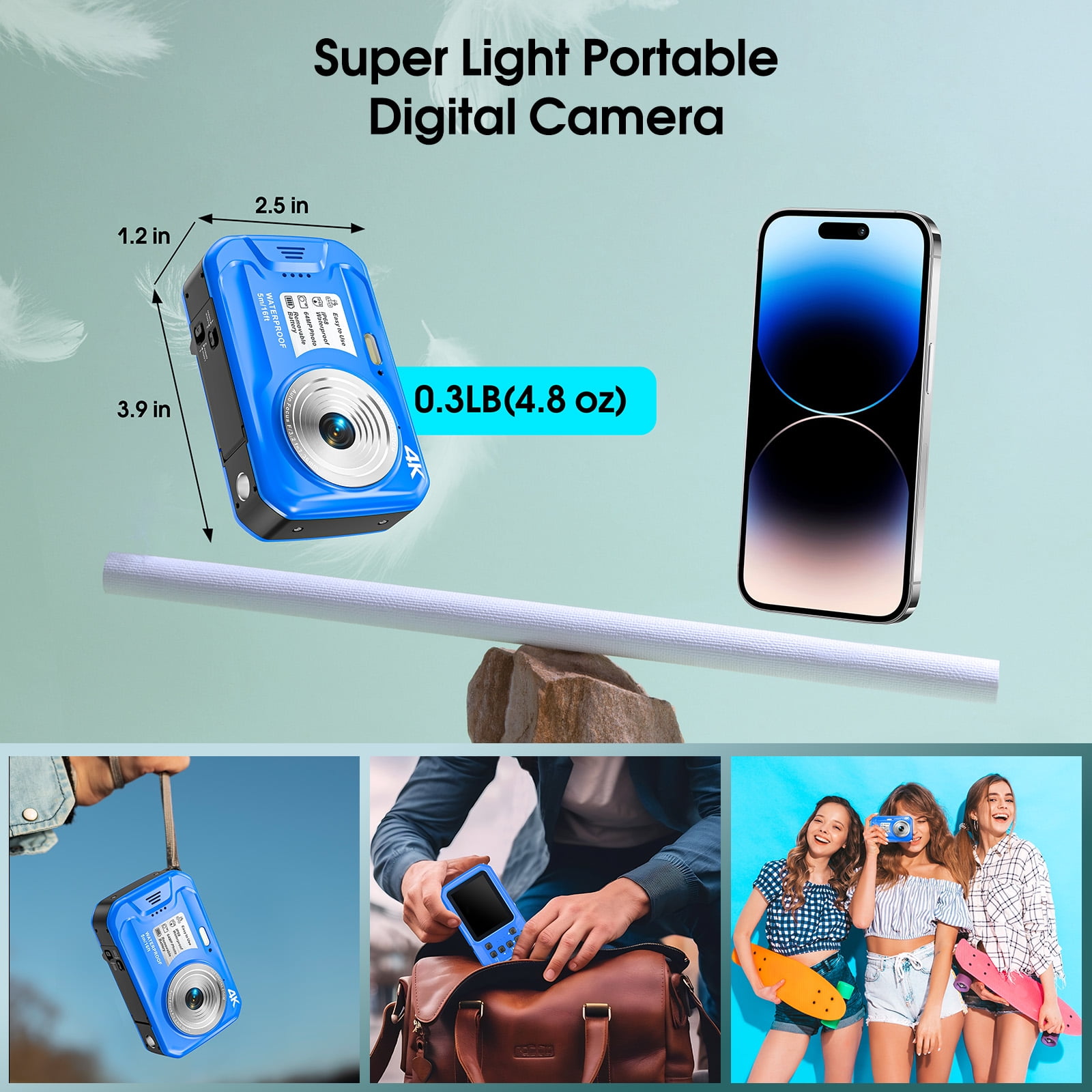 SEREE Waterproof Camera 4K UHD 64MP 16X Digital Zoom Compact Digital Underwater Camera with 16GB Card