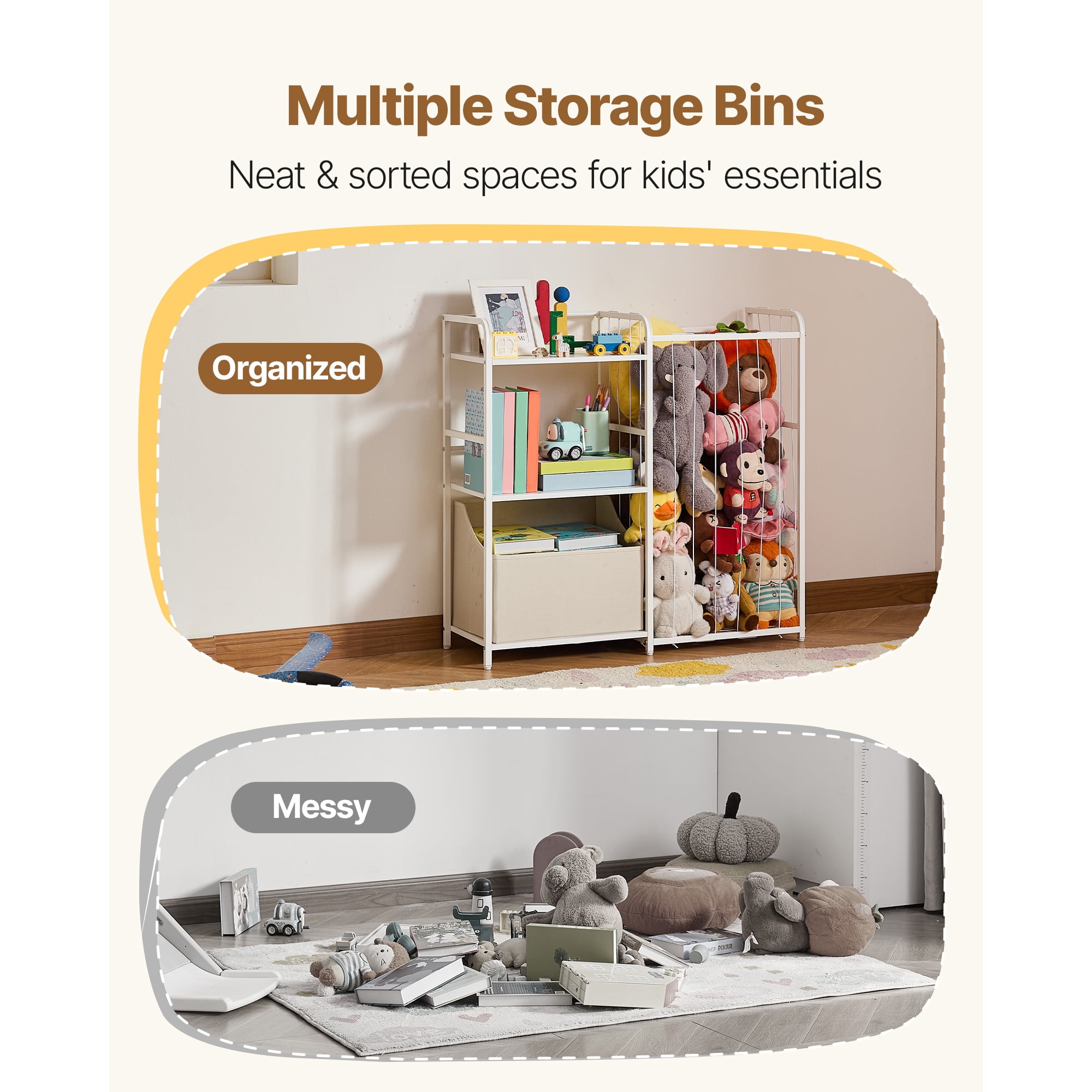 KFFKFF Kids Bookshelf and Toy Organizer, 2-Tier Storage Shelf with Fabric Bin, Ideal for Books, Toys, and More in Kids' Rooms, Living Rooms, Entryways, Nurseries, and Preschools, White