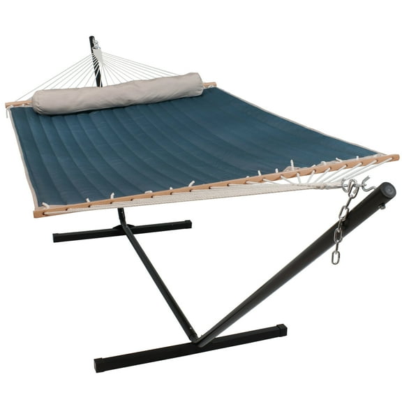 Sunnydaze 2-Person Quilted Polyester Spreader Bar Hammock with Stand, 350 lb Capacity - Tidal Wave