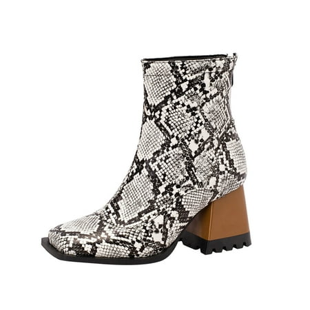

GNEIKDEING Ladies Colorblock Back Zipper Square Toe Chunky High Heel Booties Gift on Clearance