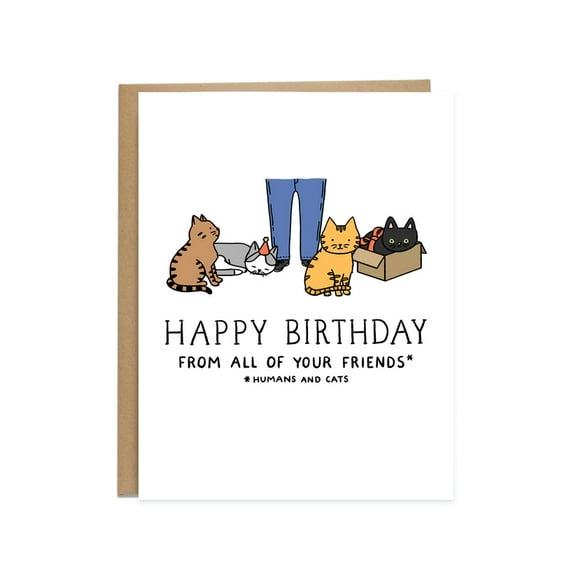 Happy Birthday Card with Cats – From All Your Friends (Humans & Cats) – Cute Illustration – Ideal for Cat Lovers – Blank Inside for Personal Messages