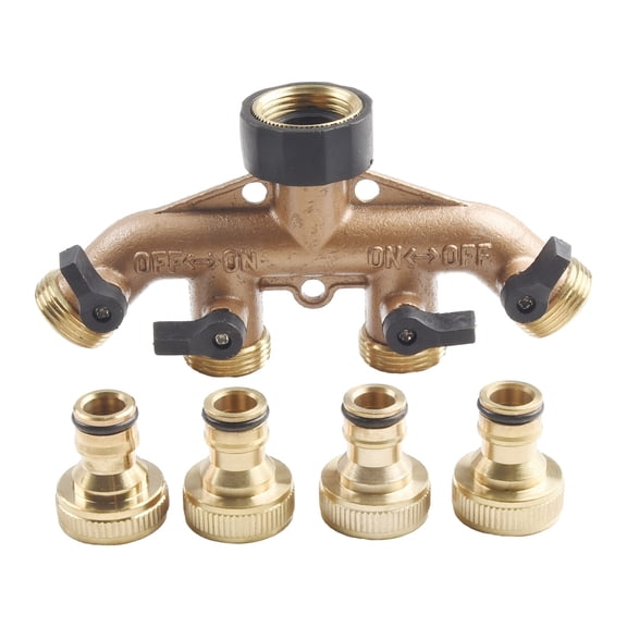 RANME 4 Way Solid Brass Nipple Hose Splitter Connector With Shut Off Valves 3/4Inch For Agriculture Lawn Garden