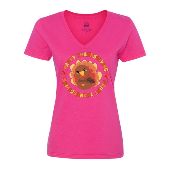 Inktastic Happy Thanksgiving with Cute Turkey Women's V-Neck T-Shirt