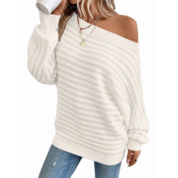 Suéteres de Otoño para Mujer, Hombros Descubiertos, Mangas Murciélago, Tops de Punto Texturizados, Suéter Extragrande de un Solo Hombro. Benbai L