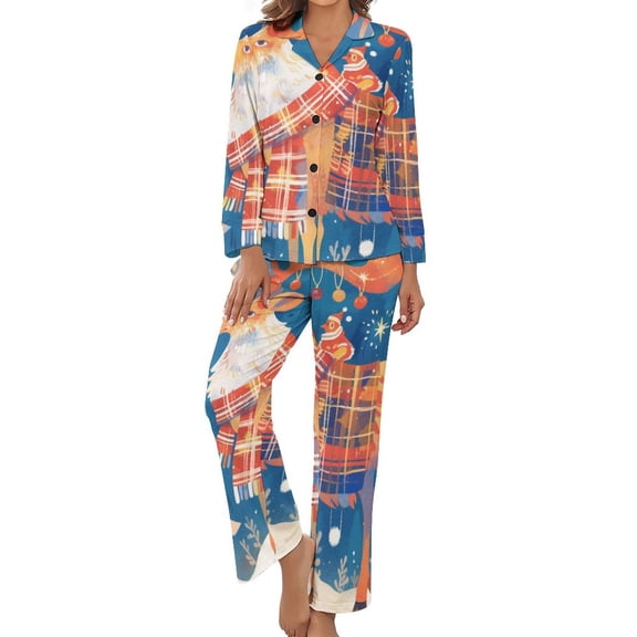 PoBuds Women's Long Sleeve Flannel Pajama Set Sleepwear Merry Christmas Deer Holiday Decor S