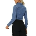 thumbnail image 3 of Chaquetas de mezclilla recortadas para mujeres INSPIRE CHIC con bolsillo en el pecho, con ribete de cuadros, chaqueta de jean con botones, L azul claro, 3 of 6