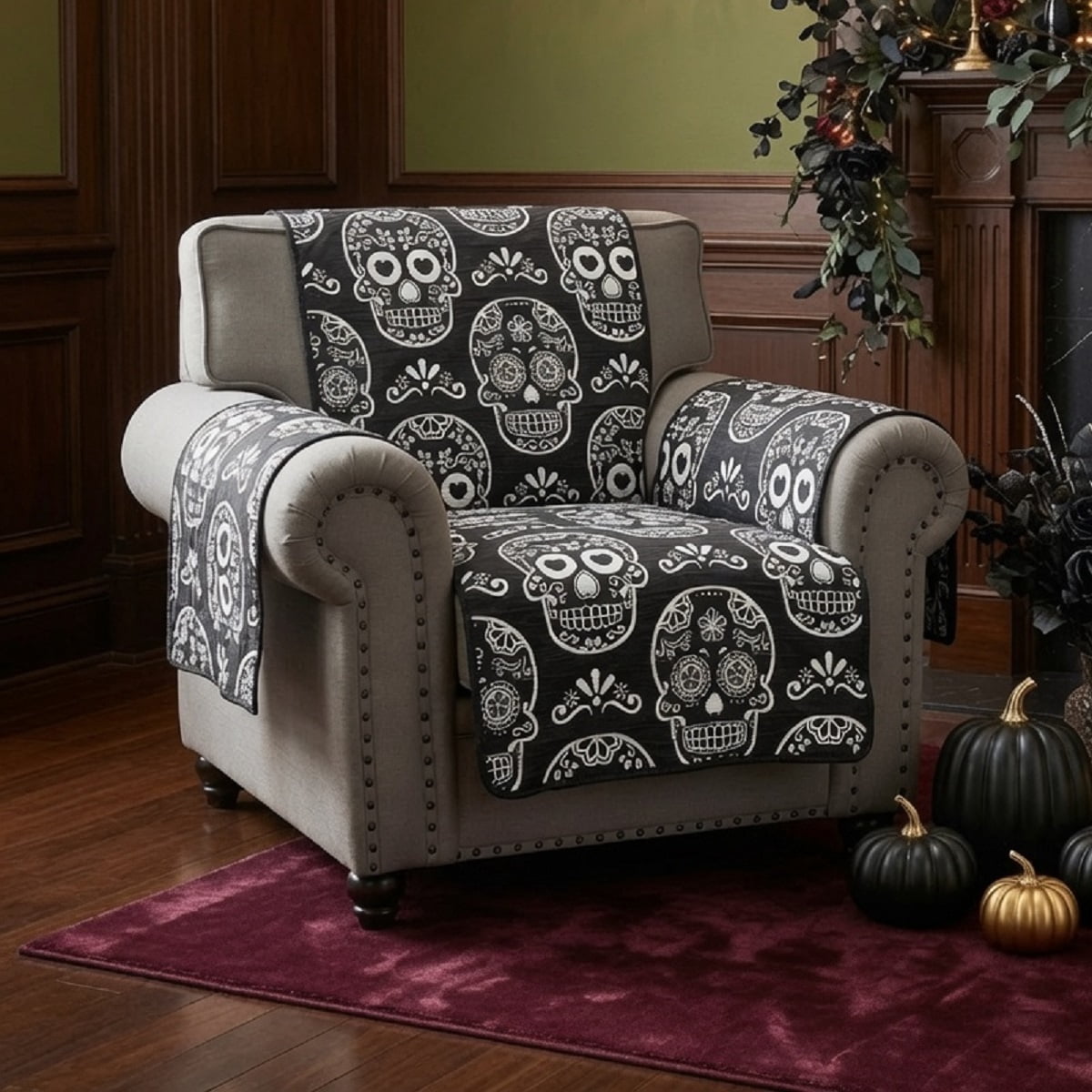 Greenland Home Fashions Sugar Skull Jacqard Woven Reversible Slipcover/Furniture Protector, Armchair