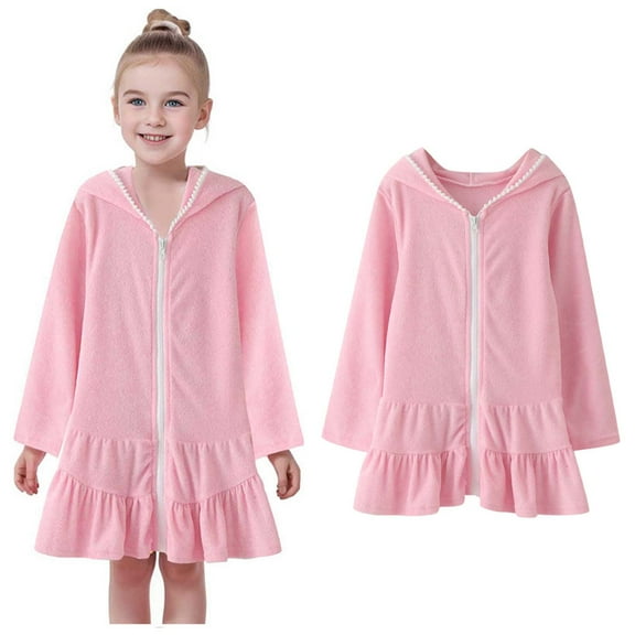 Girls Swim Cover Up Kid Girls Bathrobe Cover Up For Girls Absorbent Zip Hooded Girls Terry Cloth Robe