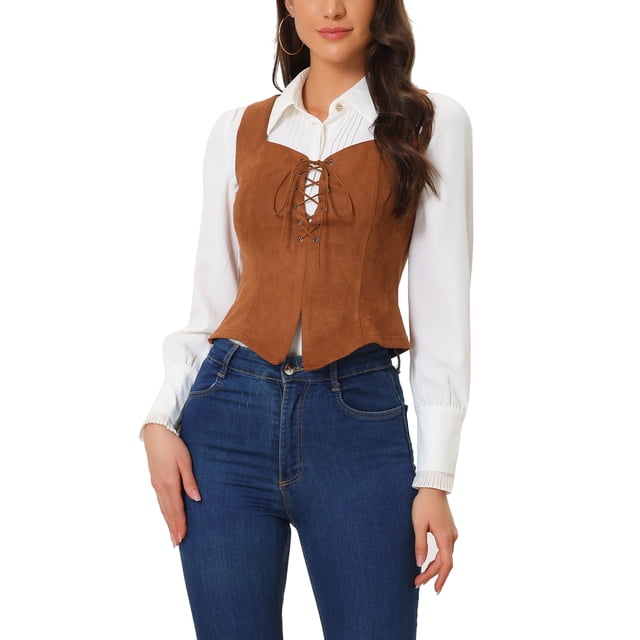 Chaleco sin mangas de fiesta de ante sintético para mujer INSPIRE CHIC, con cordones, talla XL, color marrón