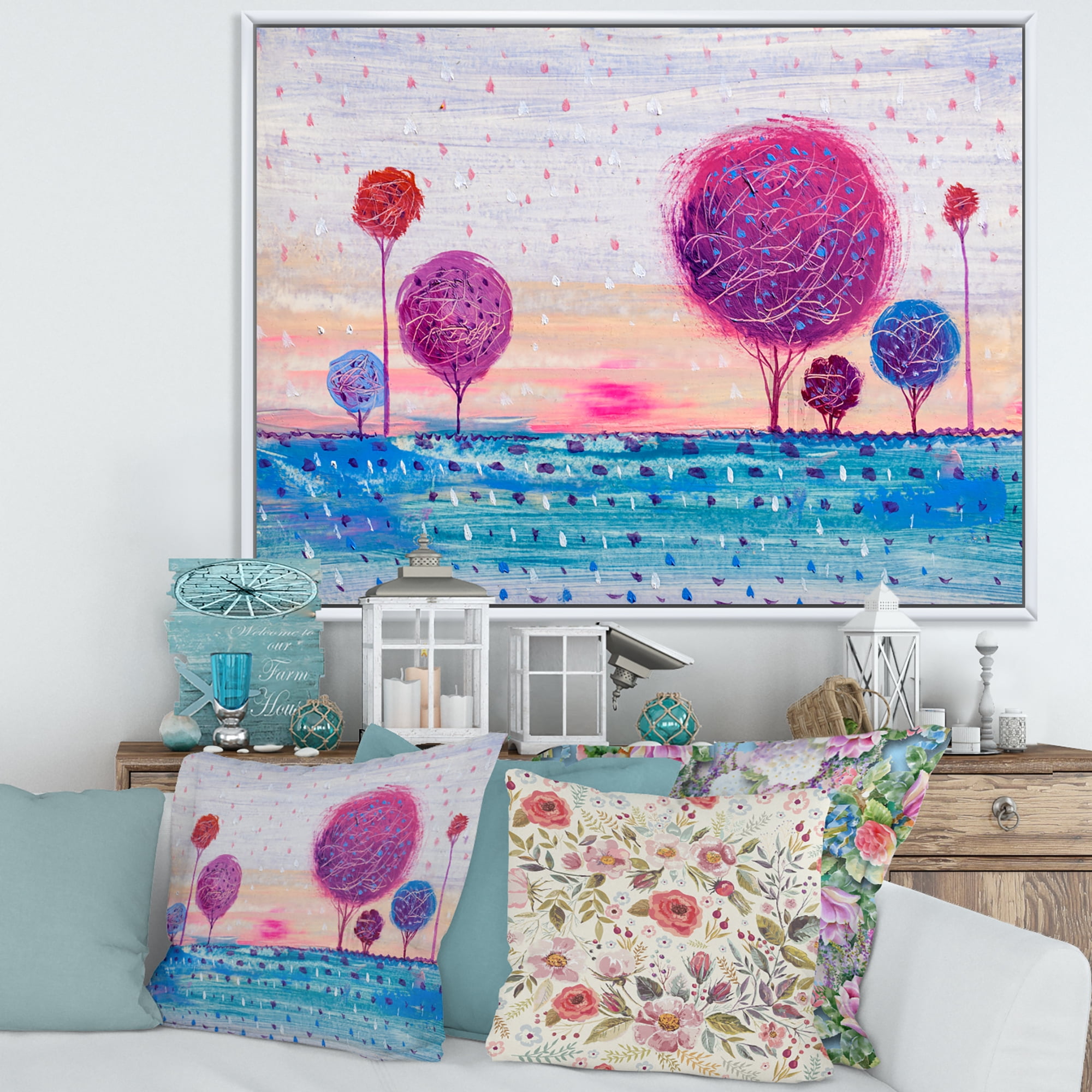 Designart 'Purple Coloured Tree Impression Landscape II' Modern Framed Canvas Wall Art Print