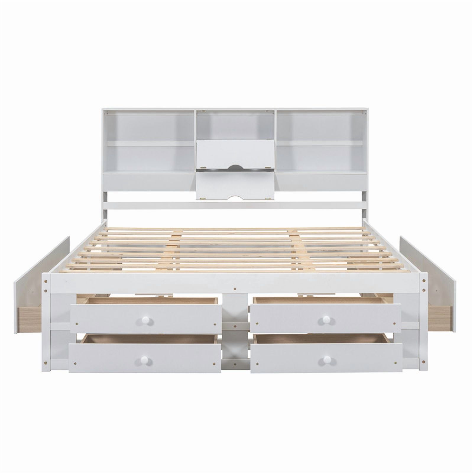 King Size Platform Bed with Bookcase Headboard, Storage Wooden Bed Frame with 8 Drawers