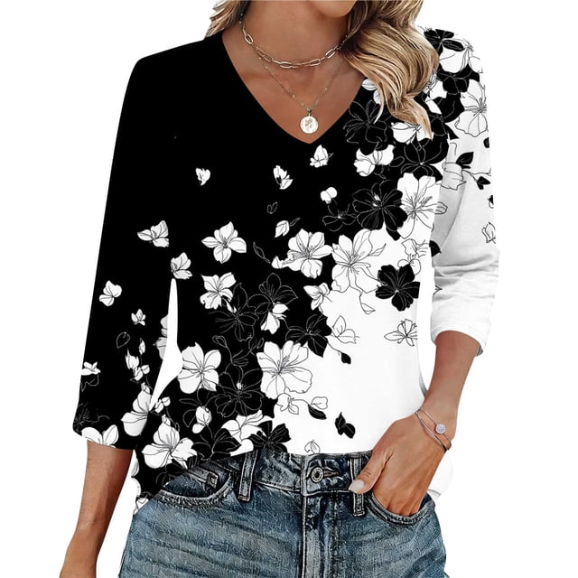 Ounisa T-Shirts à Manches 3/4 pour Femmes Col en V Manches Raglan Chandail Imprimé Décontracté Tendance Printemps Été Mode Hauts P-2TG
