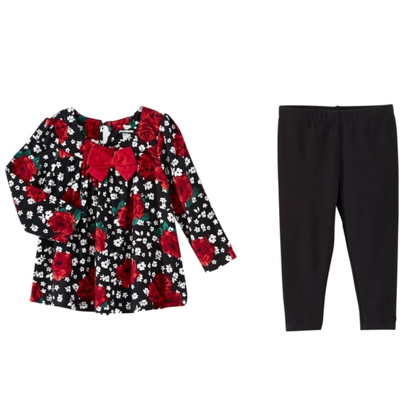 Infant Girls Red & Black Rose Print Floral Baby Outfit Shirt & Leggings Set NB