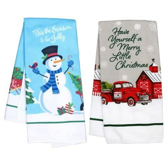 Christmas Towels Set of 2 Decorative Christmas Kitchen Towels / Hand Towels for Bathroom Decorative Set or Holiday Dish Towels / (Snowman & Truck)