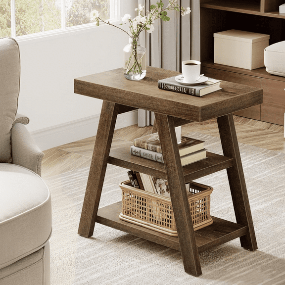 Tribesigns End Table for Living Room, 3-Tier Narrow Wood Farmhouse Sofa Side Table with Storage Shelf, Vintage Heavy-Duty Bedside Table for Bedroom, Rustic Brown
