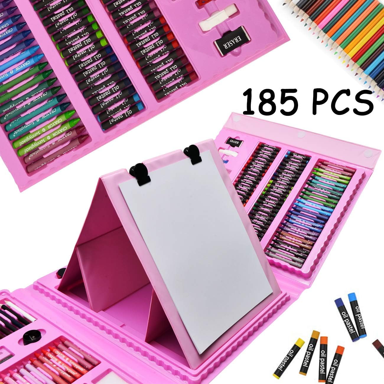 185-Piece Double Sided Easel Art Set - Complete Drawing Kit with Oil Pastels, Crayons, Colored Pencils, Markers & Sketch Pad