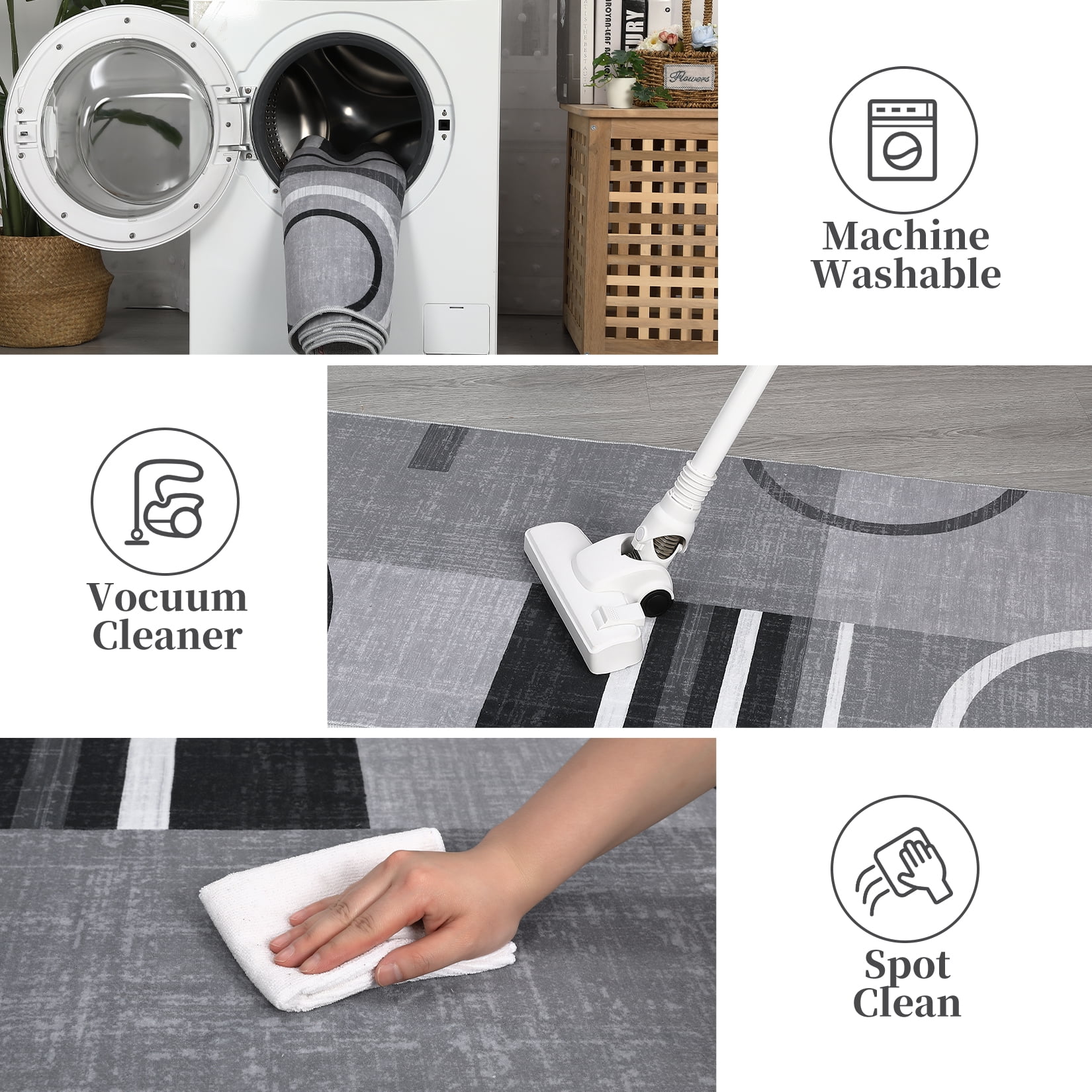 FairOnly 10'x13' Grey Living Room Machine Washable Area Rugs Contemporary Circle Print Ultra-Thin Rugs for Home Office Family Room Carpet
