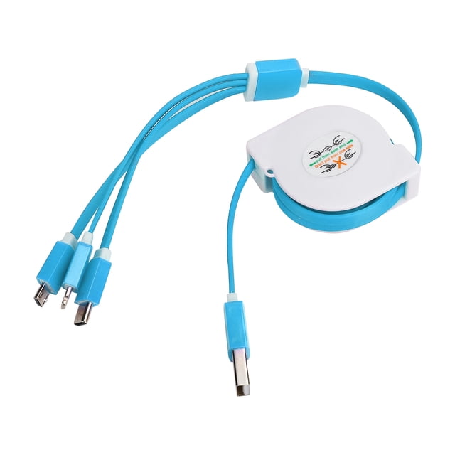 Cable USB retráctil 3 en 1, adaptador de carga múltiple para iOS, tipo C y micropuerto, azul