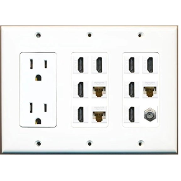 RiteAV - (3 Gang 15A Power Outlet 8 HDMI Coax 3 Cat6 White Wall Plate White