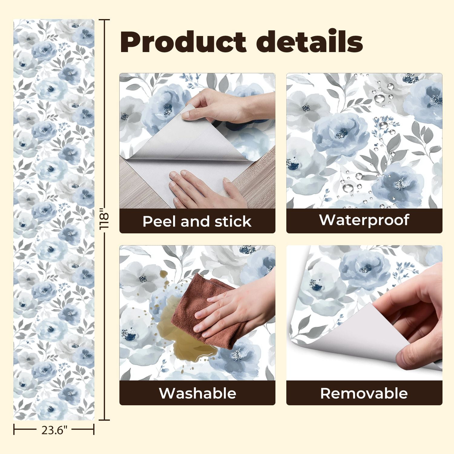 Boho Peel and Stick Wallpaper Blue Gray Floral Watercolor Peonies Leaves Contact Paper 23.6in x 9.8ft Wallpaper Removable Self Adhesive Wall Paper for Bedroom Nursery