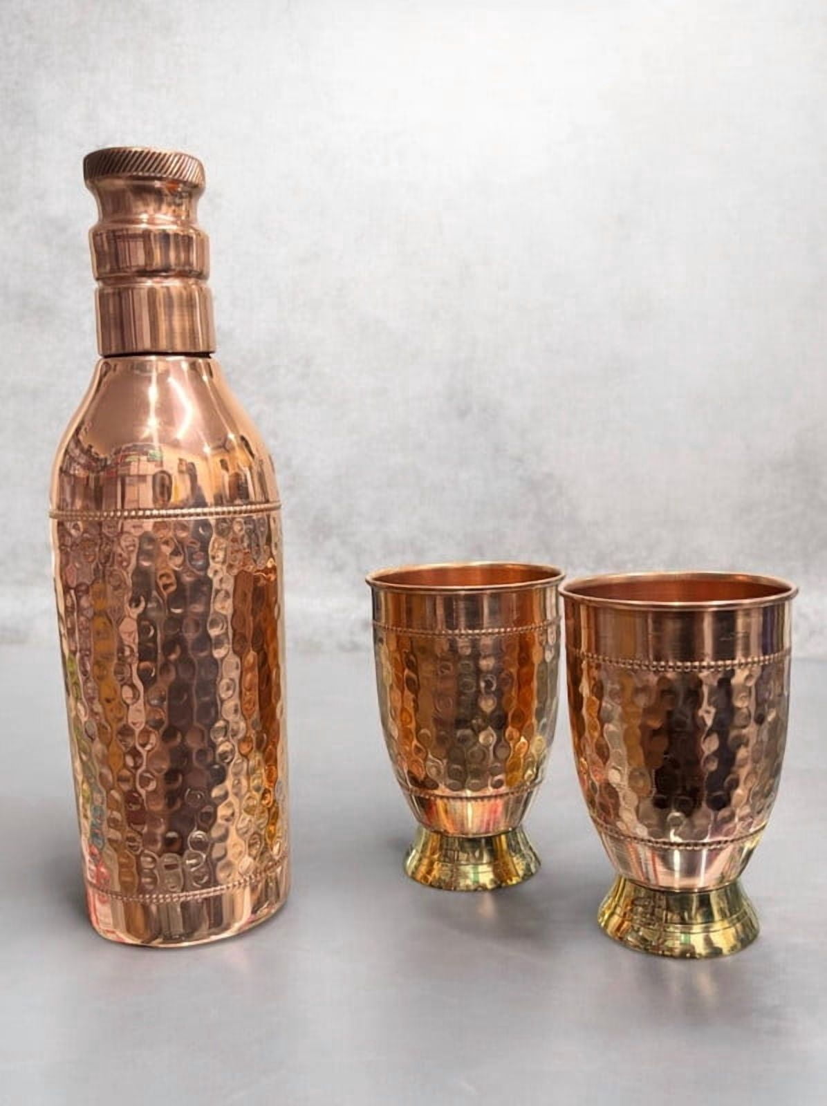 Elegant Copper Water Bottle Set with Two Matching Hammered Copper Glasses Half-Hammered Design Bottle Ideal for Home