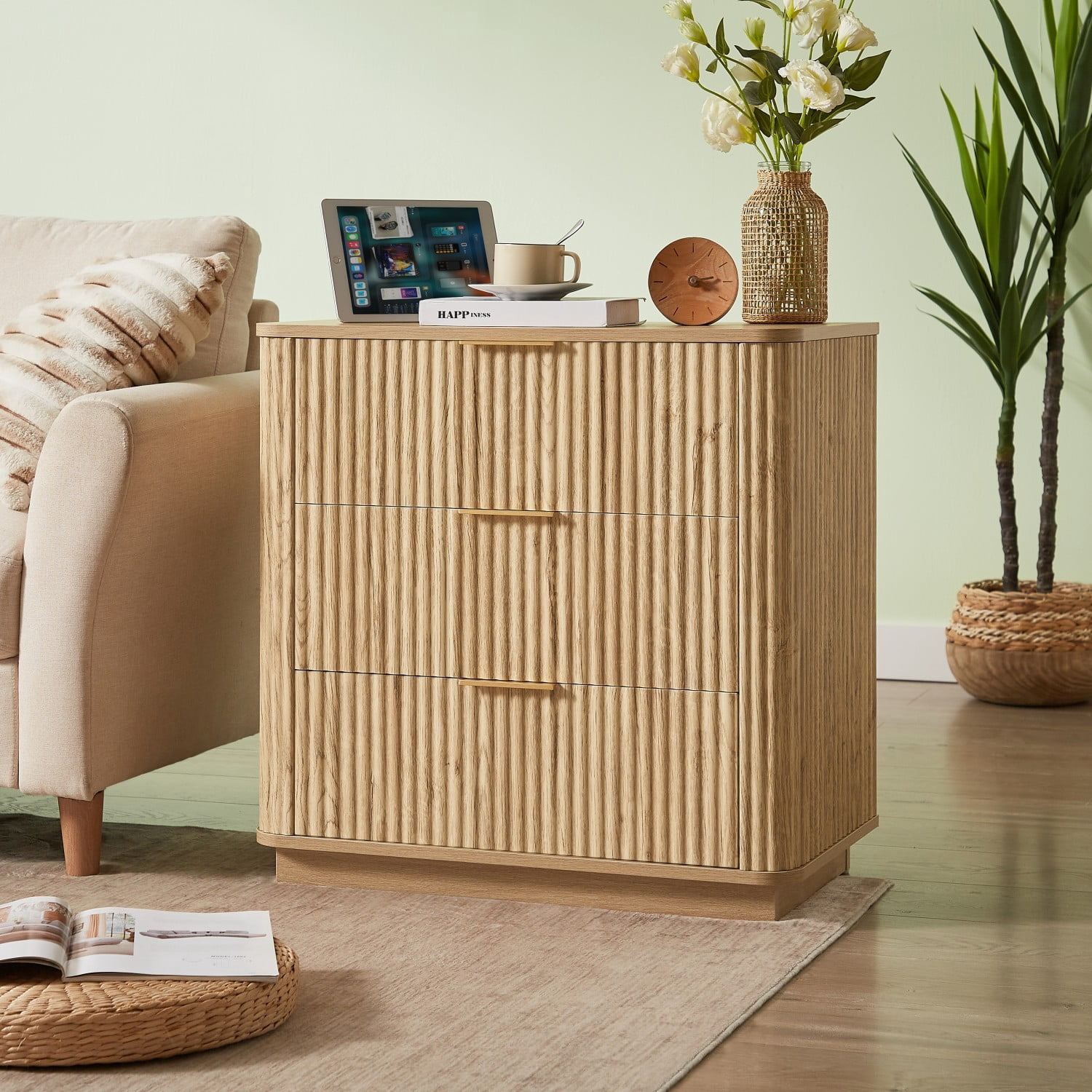 Set of 2 3 Drawer Dressers, Modern Chest of Drawers with Curved Wave Design, 27.6" Wood Storage Cabinet Nightstands, Bedroom Organizer for Living Room, Hallway, Oak