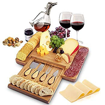 Wooden Charcuterie Server Tray Wedding Presents Organizer for Cutlery and Slicers 2 Slide Drawers Housewarming Gifts 14.7 x 14.7 x 1.6 Inch Large ViralCity Premium Bamboo Cheese Board