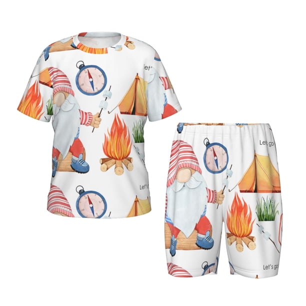 Fotbe Gnome Camping Pijama Estampada de 2 Piezas para Niños – Ropa de Dormir de Manga Corta Cómoda para Niños y Niñas, Camiseta y Shorts de Algodón-Small
