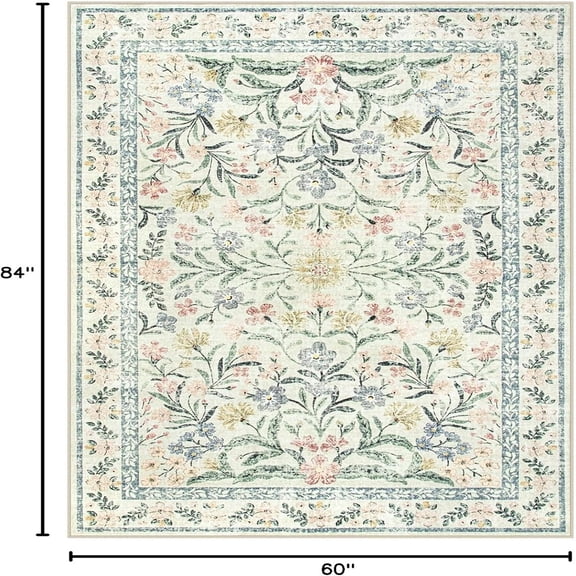 Boho Rugs for Living Room 5x7, Machine Washable Area Rugs Non-Slip, Vintage Floral Soft Kids Bedroom Carpet Rug for Home Girls Playroom Foyer Entryway, Beige/Multi