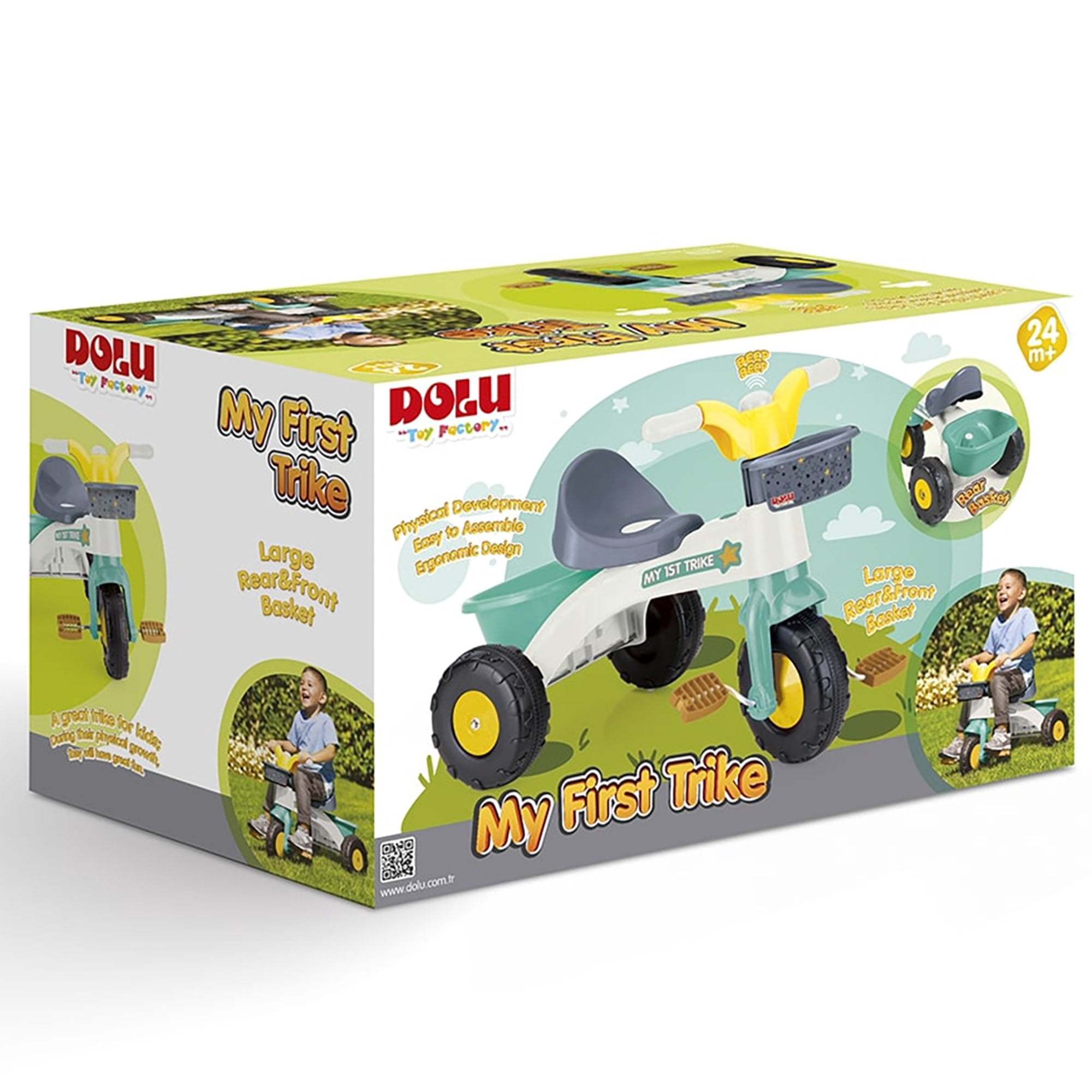 Dolu: My First Trike: White, Green, Yellow - Pedal Operated 3 Wheeled Bike, 2 Baskets, Indoor & Outdoor Tricycle, Ride-On Toy, Kids Toddlers Ages 2+