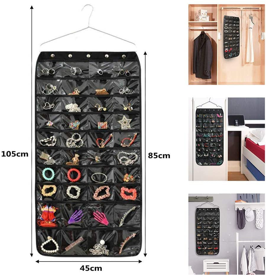 ulofpc Hanging Jewelry Organizer Double Sided 40 Pockets 20 Magic Tape Hook Storage Bag Closet Storage for Earrings Necklace Bracelet Ring Display Pouch 