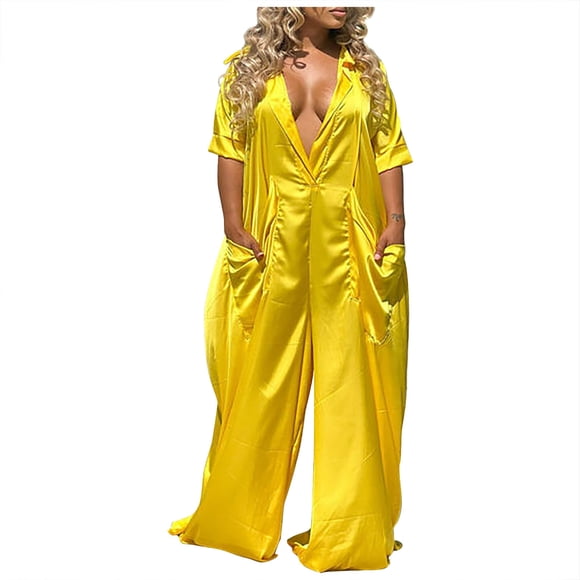 LOVZFMLL Fashion Women Casual-Neck Solid Short Sleeve Shirt Short Jumpsuit Yellow S