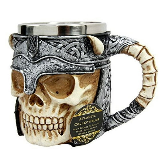 Atlantic Collectibles Viking Horned Demon Warrior Skull With Battle Helmet Beer Stein Tankard Coffee Cup Mug