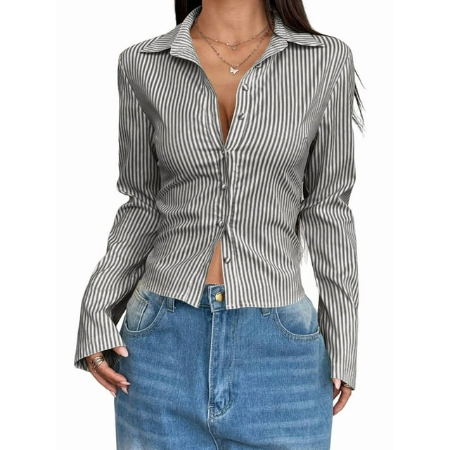 Camisa Corta A Rayas con Botones y Larga Ajustada para Mujer, Blusa de Trabajo Gris M