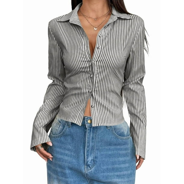 Camisa Corta A Rayas con Botones y Larga Ajustada para Mujer, Blusa de Trabajo Gris M