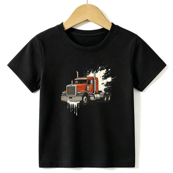 Boys Graphic Tees Semi Truck Kids T Shirt Cool Heavy Duty 100% Cotton Short Sleeve Soft Tops 4-13Y Black