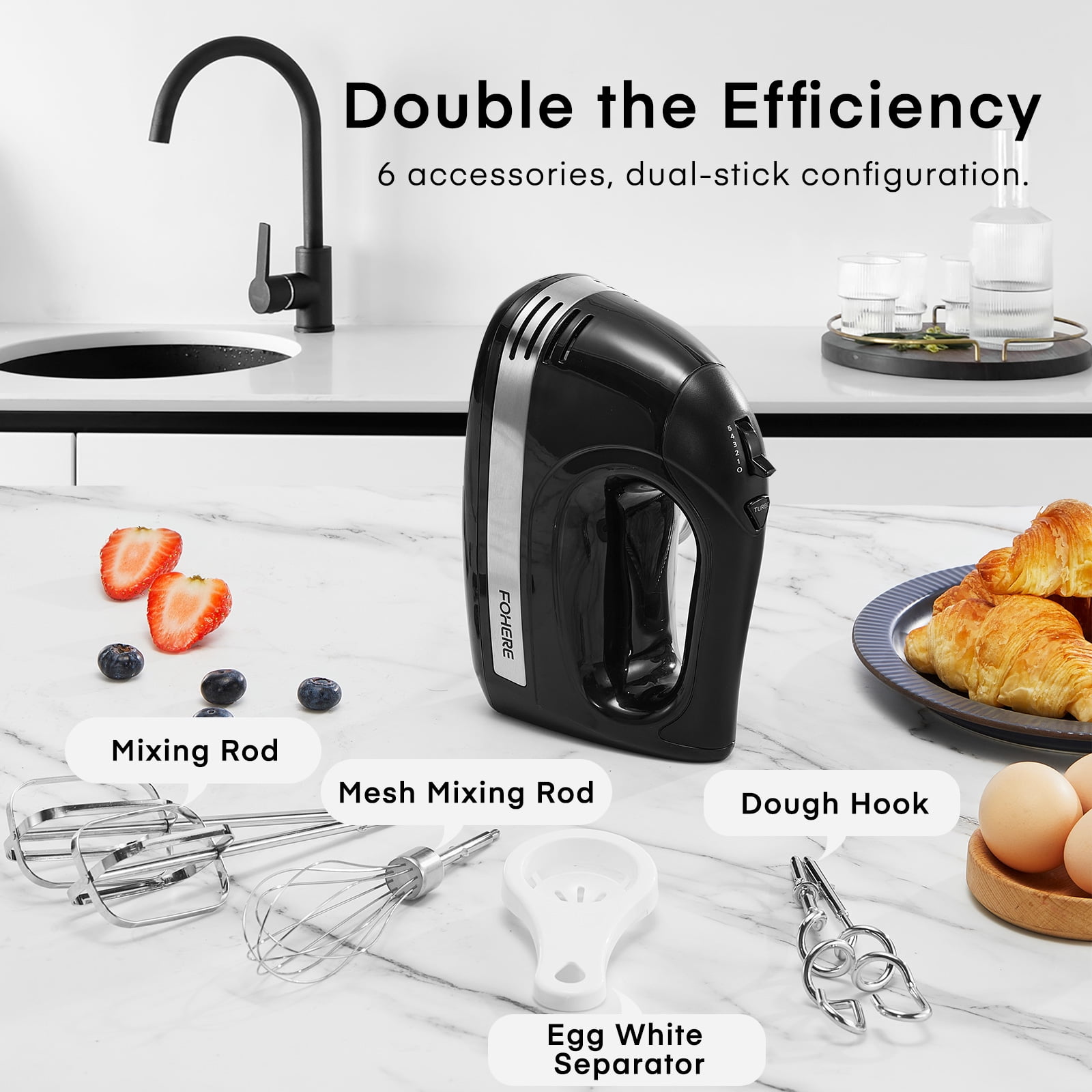 FOHERE Electric Hand Mixer with Storage Case, Compact Handheld Beater, 6 Attachments, 6-Speed
