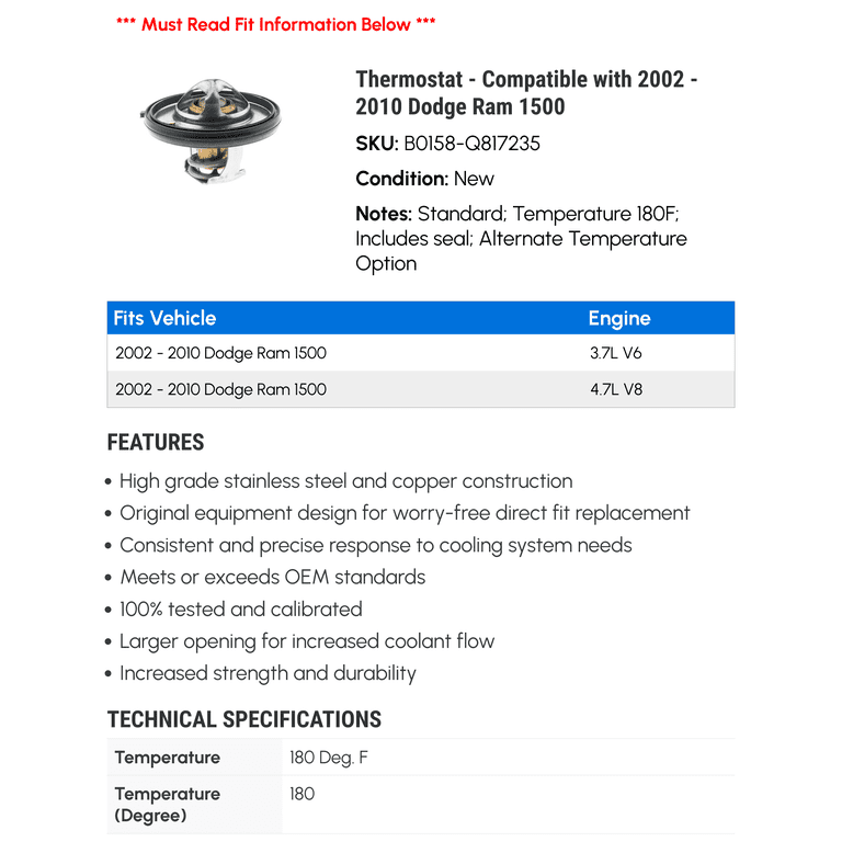 BOLD Auto Parts 180° Thermostat With Seal For Chrysler 300, Dodge Ram 1500 V8