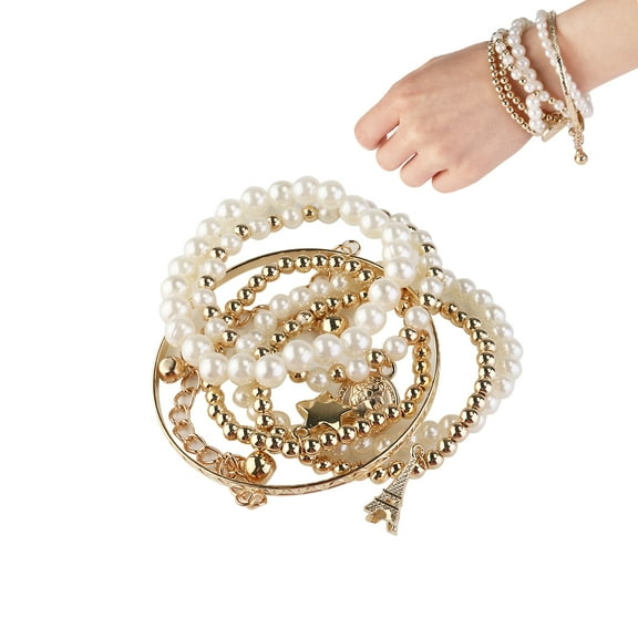 Eiffel Tower Pearl Bracelet in Golden Alloy for Bridal Wedding Jewelry Lightweight and Durable 7 inches