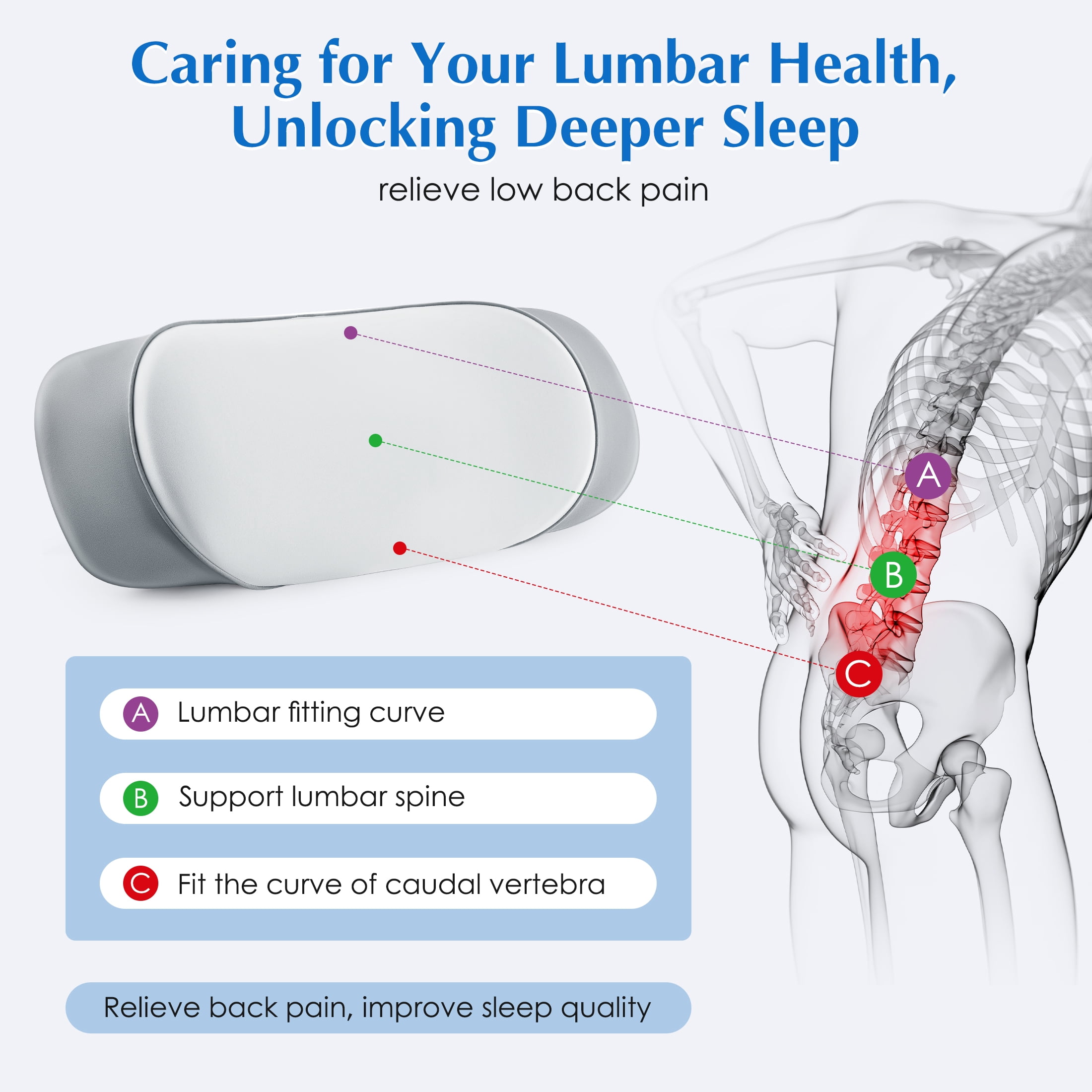 MOONORAH Lumbar Support Pillow for Bed – Memory Foam Lower Back Pain Relief, Adjustable Waist Pillow for Sleeping & Side Sleepers, Washable Cover